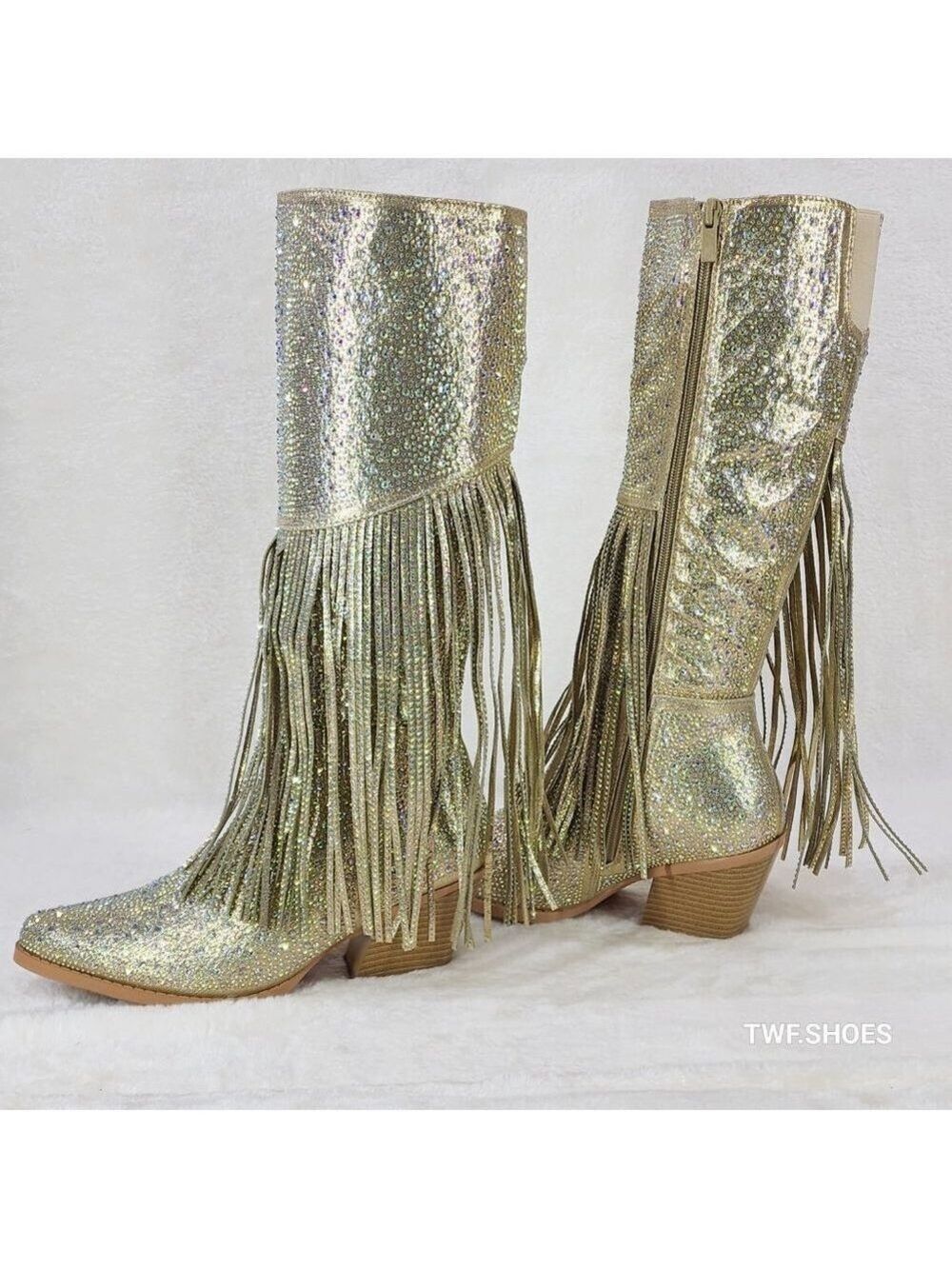Western Diva Gold Asymmetrical Fringe Rhinestone Glam Cowgirl Boots